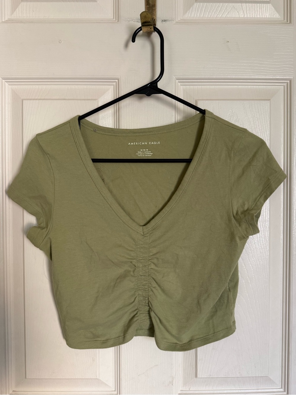 American Eagle Outfitters Olive Green V-Neck Ruched Crop Top